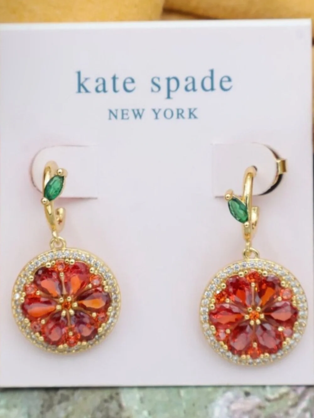 Kate Spade Sweet Citrus Gold Crystal Orange Earrings NEW $65
